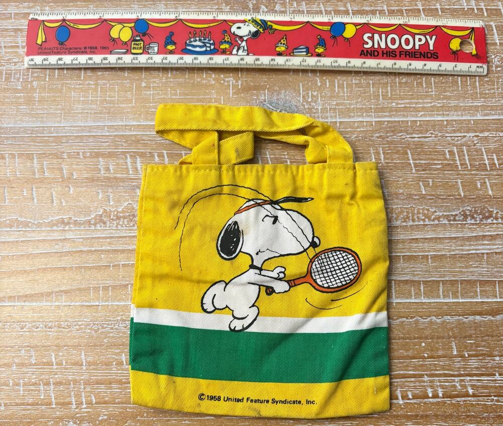 RARE 1958, 1965 PEANUTS SNOOPY WOODSTOCK Ruler & Yellow Cloth Purse Bag!